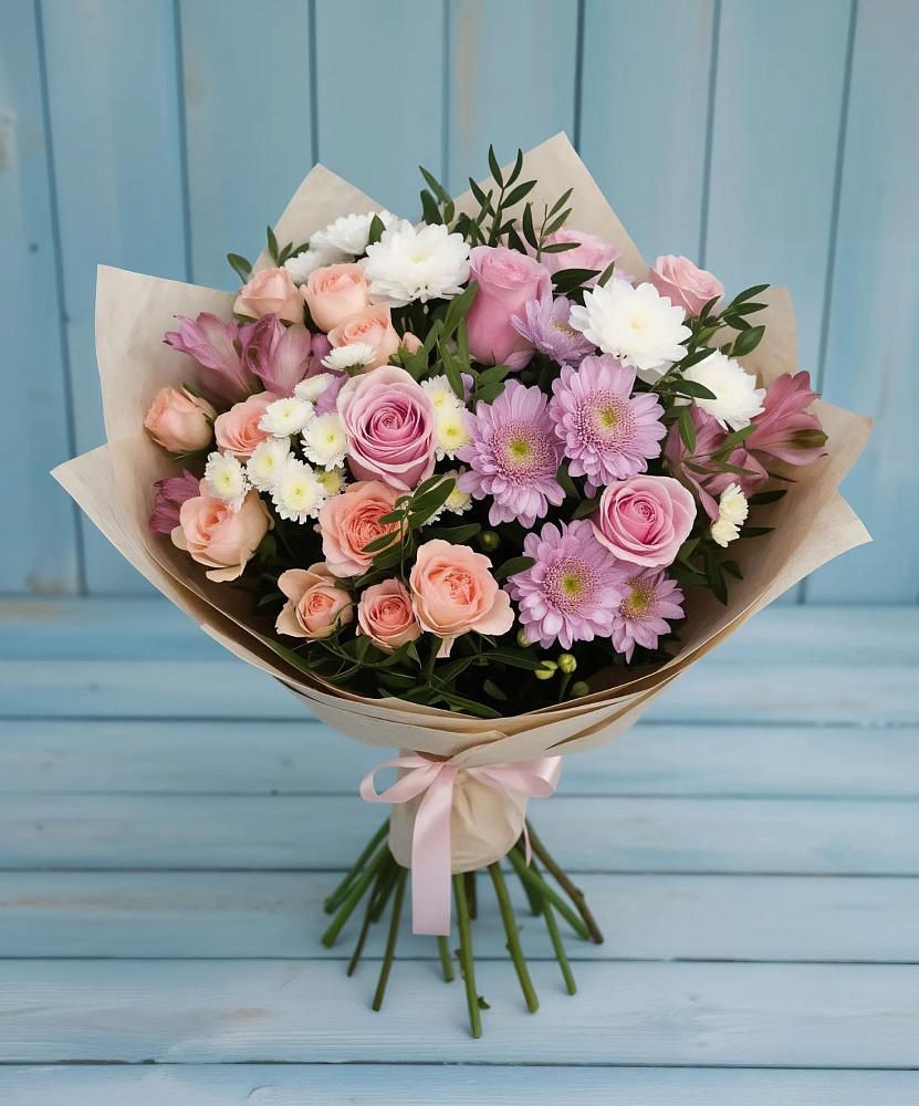 Букет цветов из: Хризантемы, Розы и Альстромерии в Загорново