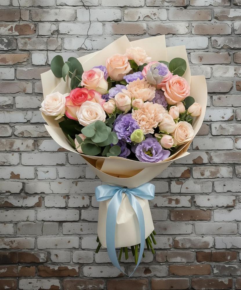 Букет цветов из: Розы, Лизиантусы и Гвоздики в Загорново