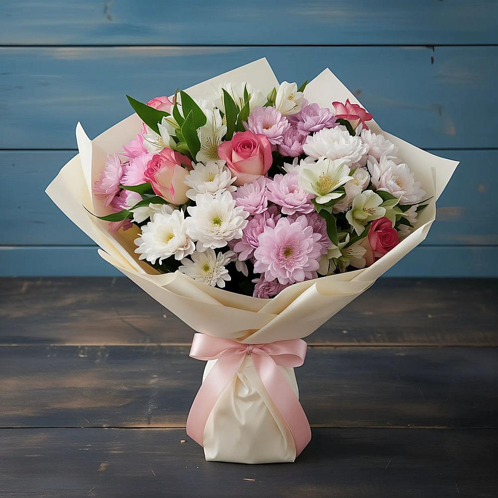 Букет цветов из: Хризантемы, Альстромерии и Розы в Загорново